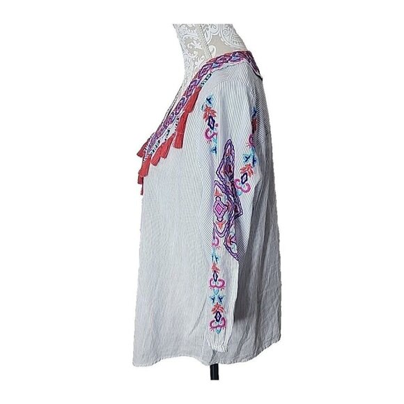 Chico's Peasant Embroidered Striped Blouse with Tassels Boho Women's Large - Picture 7 of 11